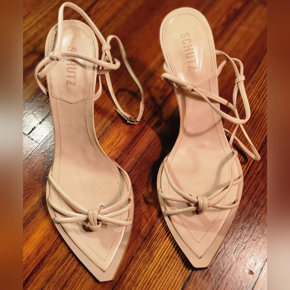 NWT Schutz "Abby"-Leather Strappy Mid-Heel Sandals - Light Nude-10.5